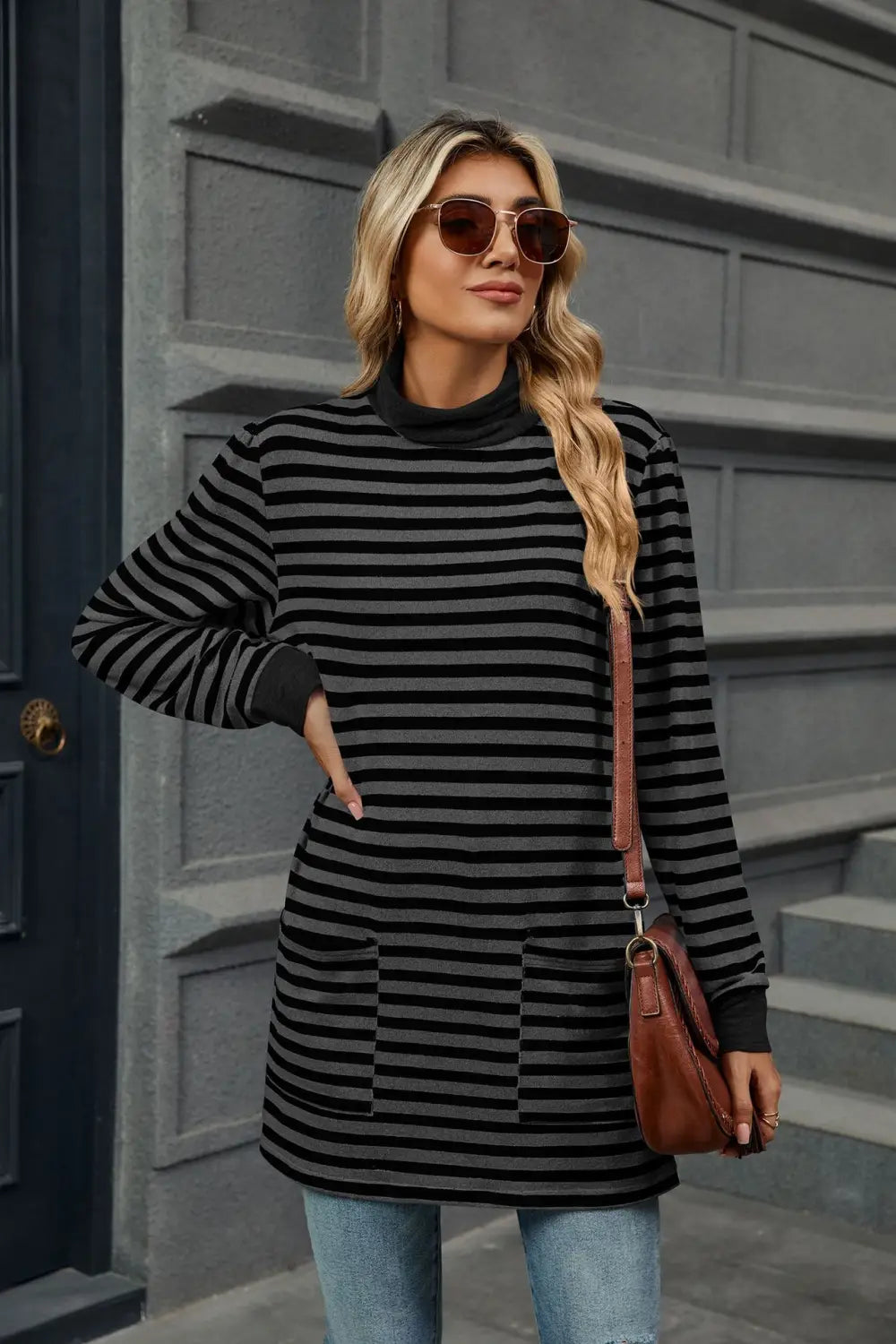 Fashion Striped Print Long Sweatshirt With Pocket Loose Long Sleeve Pullover T-shirt Top For Womens Clothing
