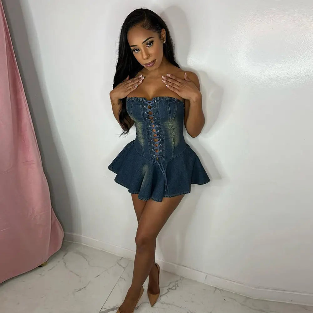 Women’s Zipper Lace-up Chest Wrap Short Denim Dress