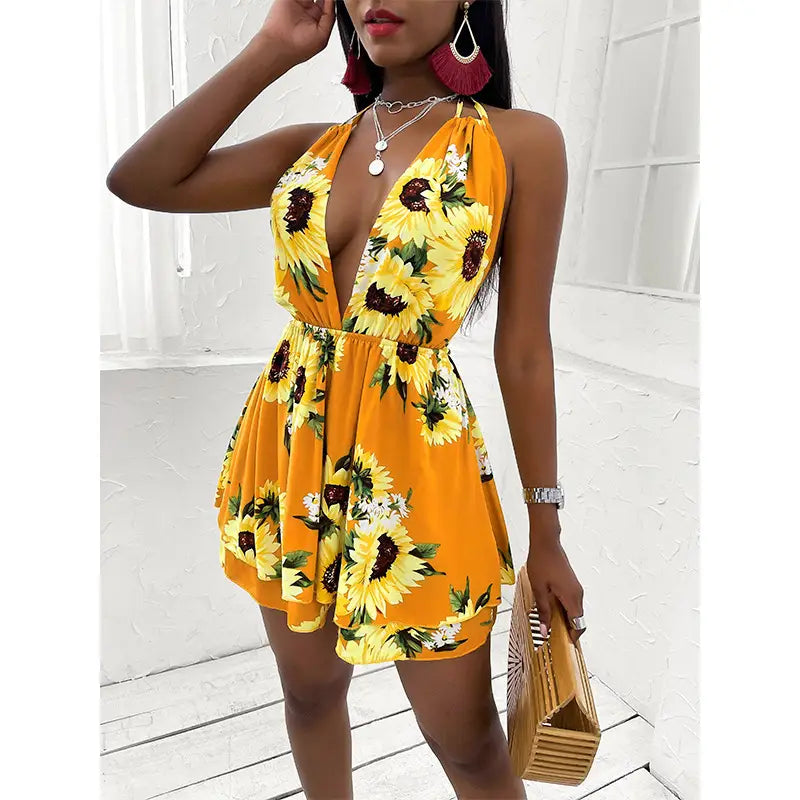 Sunflower V-neck Backless Casual Dress For Women