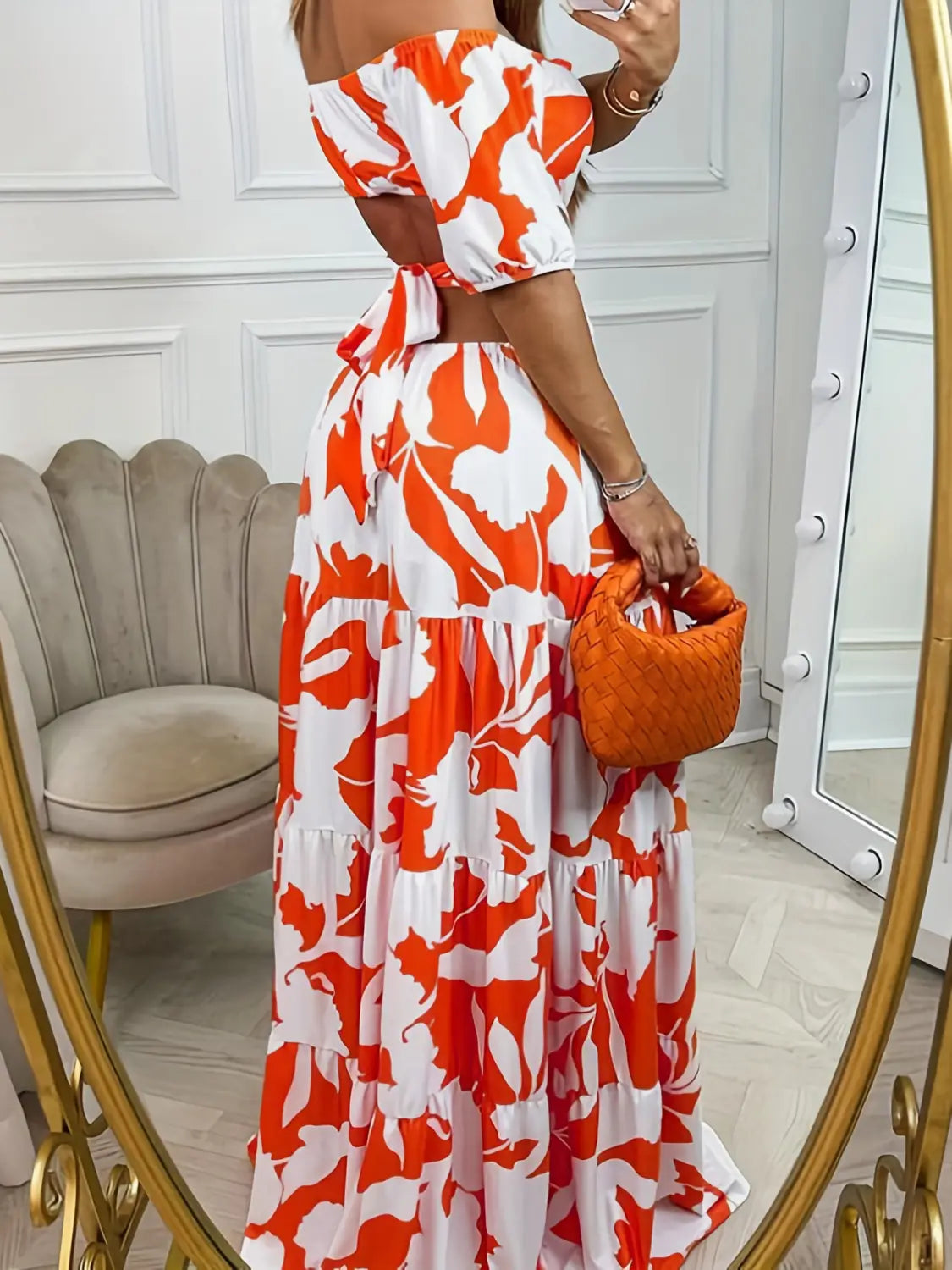 Printed One-line Collar Short-sleeved Long Dress With Hollow Waist Design Summer Vacation Dresses For Women Clothing