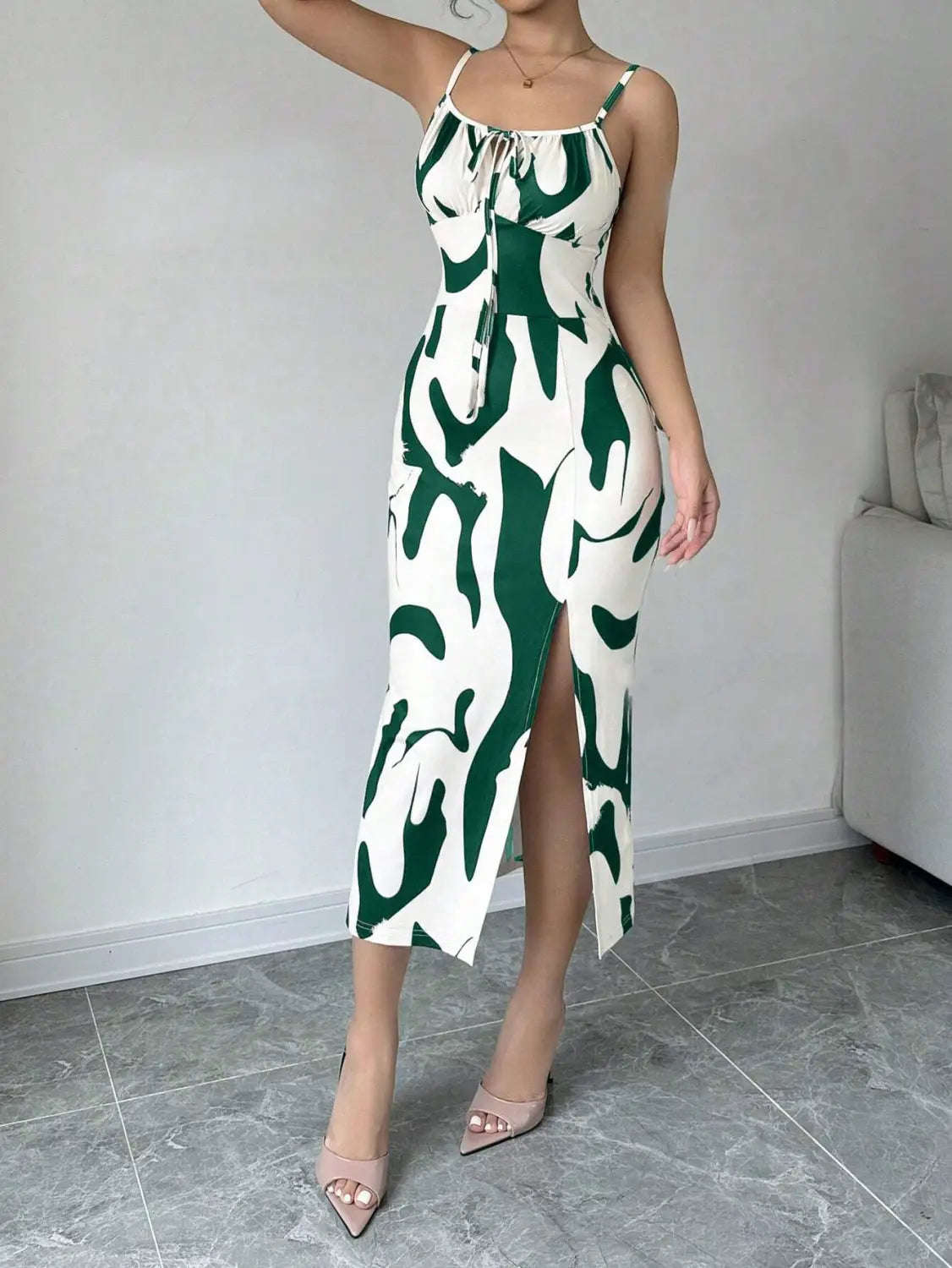 Summer Printed Suspender Split Dress Fashion Slim Lace-up Long Dresses For Women Clothing