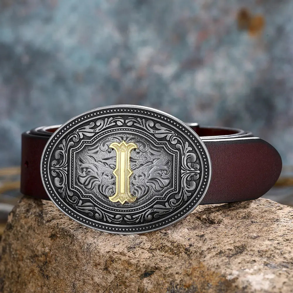 Western-style belt buckle featuring the letter I for floral letter buckle belts.