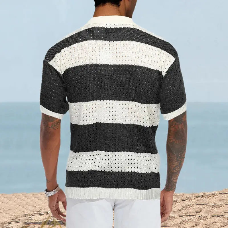 Men’s Cardigan Polo Collar Short Sleeve Color Matching Thin