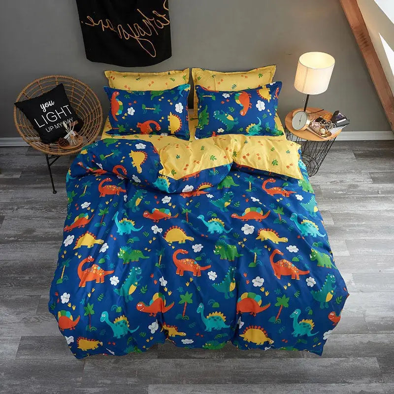 Dinosaur-themed bedding set featuring a simple set of four sheets for children’s rooms.