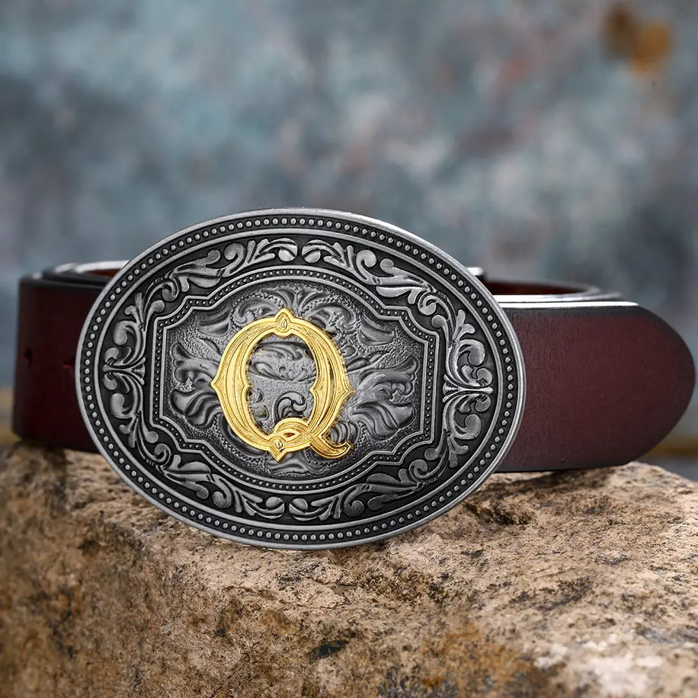 Ornate gold letter Q belt buckle on floral letter buckle belts for men and women