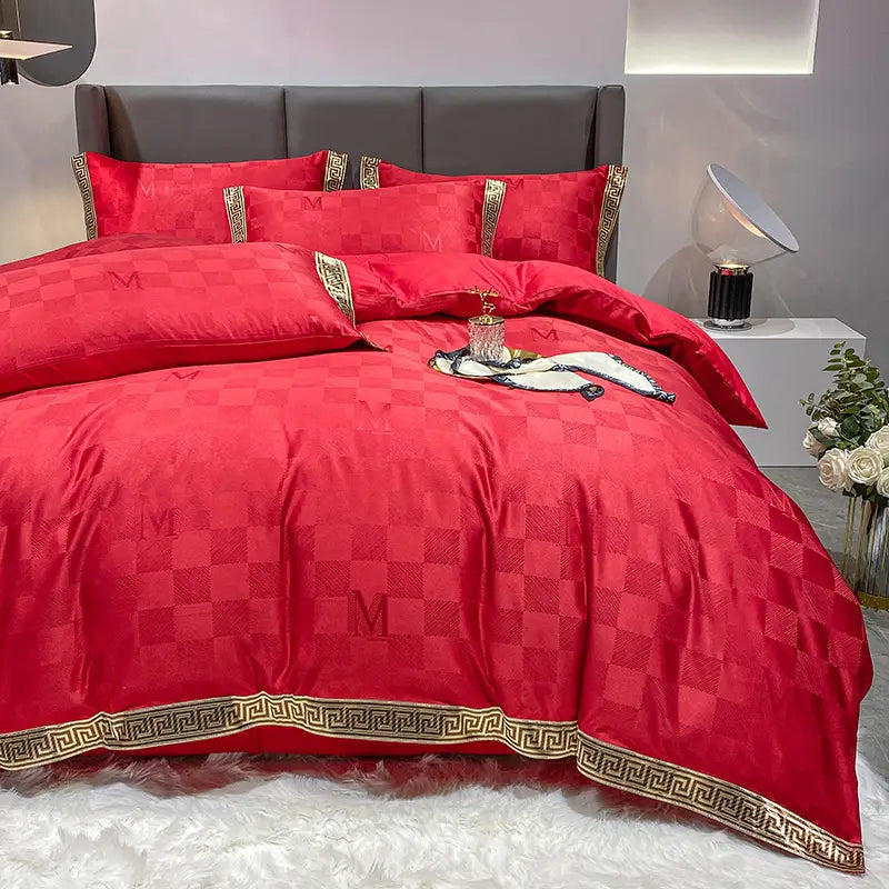 Red patterned bedding set from Silk Cotton Sheets Fitted Sheet Quilt Cover Bed.