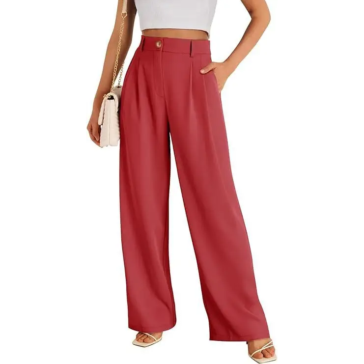 Casual Wide Leg Business Pants Women’s High Waist Formal Trousers - Red / XS
