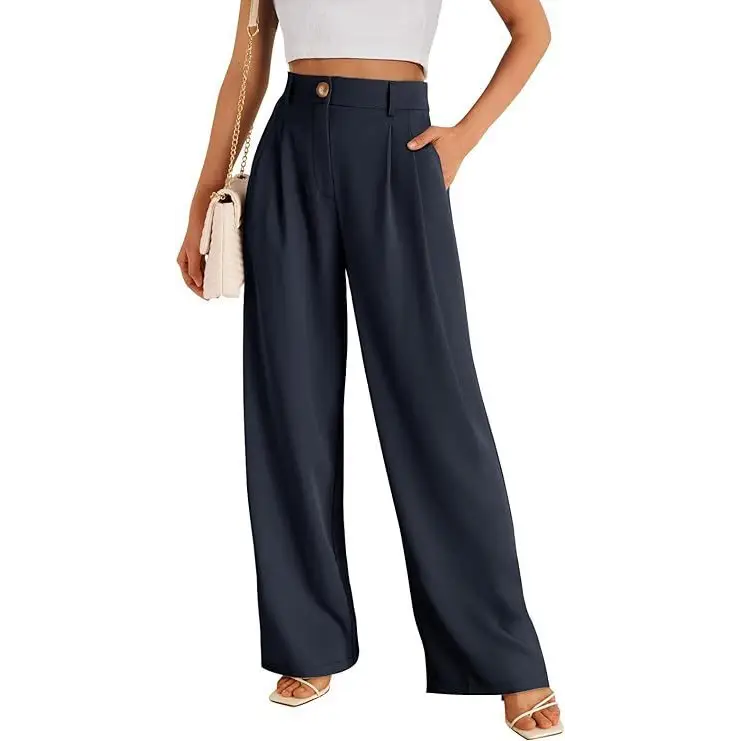 Casual Wide Leg Business Pants Women’s High Waist Formal Trousers - Navy Blue / XS