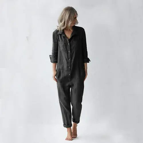 Casual Long Sleeve Jumpsuit With Pockets Fashion Loose Lapel Button Romper Pants Womens Clothing Beyond Trends Hub