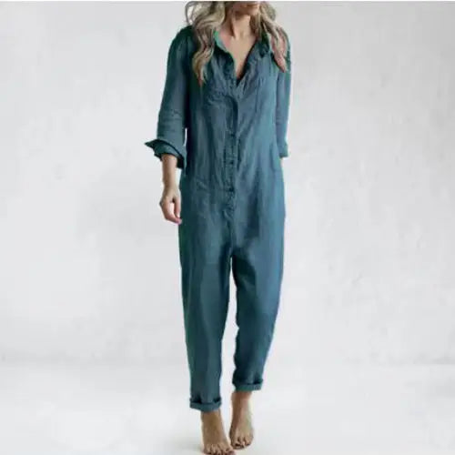 Casual Long Sleeve Jumpsuit With Pockets Fashion Loose Lapel Button Romper Pants Womens Clothing Beyond Trends Hub