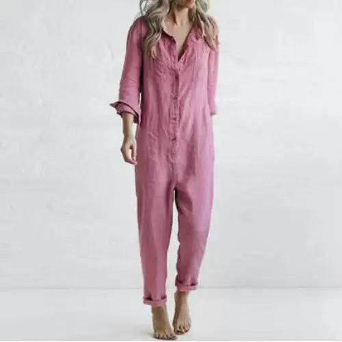 Casual Long Sleeve Jumpsuit With Pockets Fashion Loose Lapel Button Romper Pants Womens Clothing Beyond Trends Hub