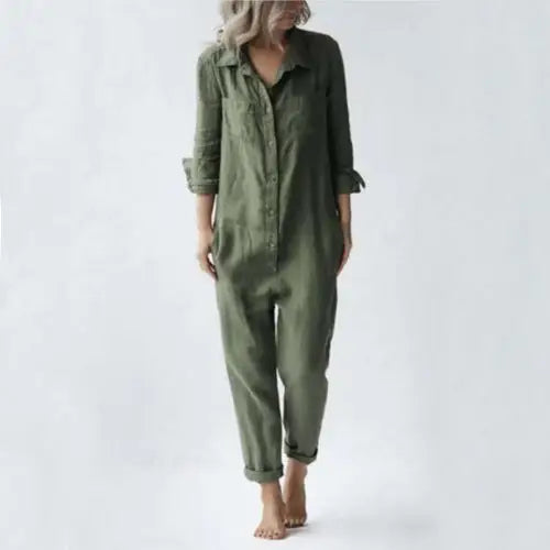 Casual Long Sleeve Jumpsuit With Pockets Fashion Loose Lapel Button Romper Pants Womens Clothing Beyond Trends Hub