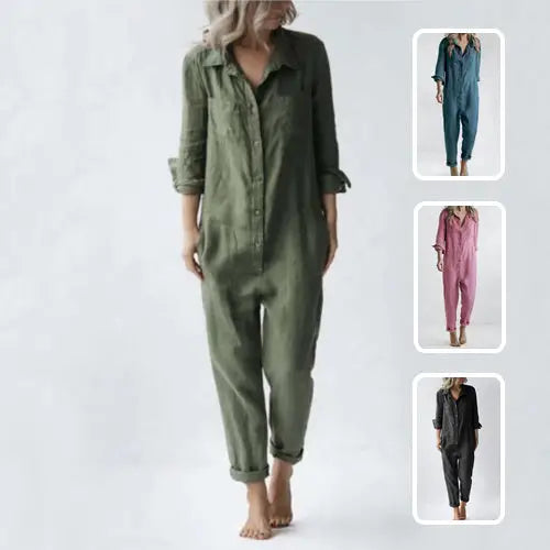 Casual Long Sleeve Jumpsuit With Pockets Fashion Loose Lapel Button Romper Pants Womens Clothing Beyond Trends Hub