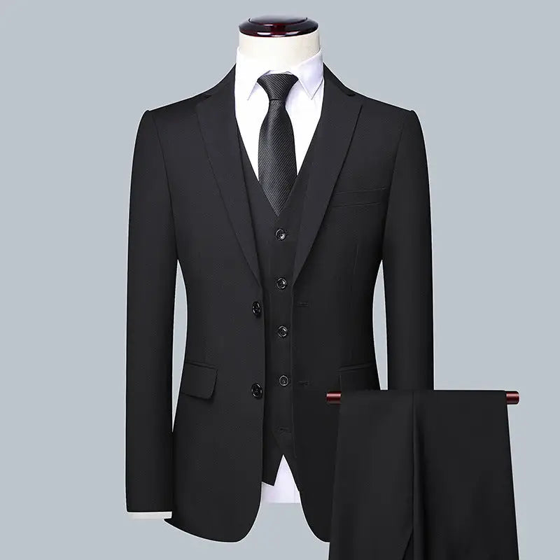 Casual Men’s Suit Set Slim Fit Formal Groom Wedding Dress - Black / Three piece suit / S