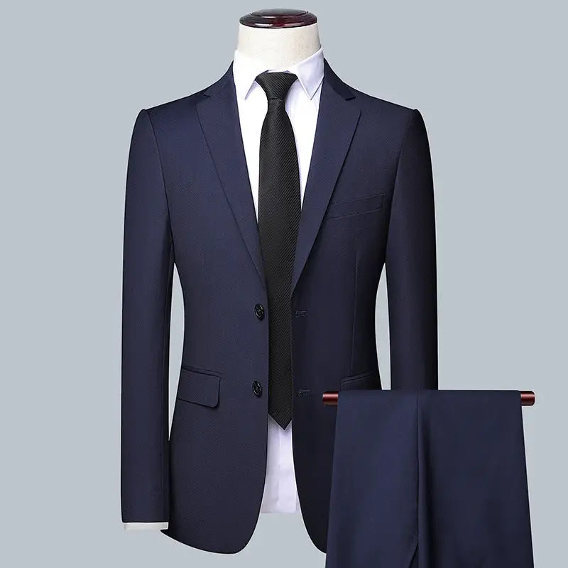 Casual Men’s Suit Set Slim Fit Formal Groom Wedding Dress - Navy Blue / Two piece suit / S