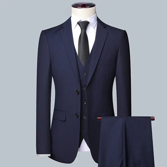 Casual Men’s Suit Set Slim Fit Formal Groom Wedding Dress - Navy Blue / Three piece suit / S