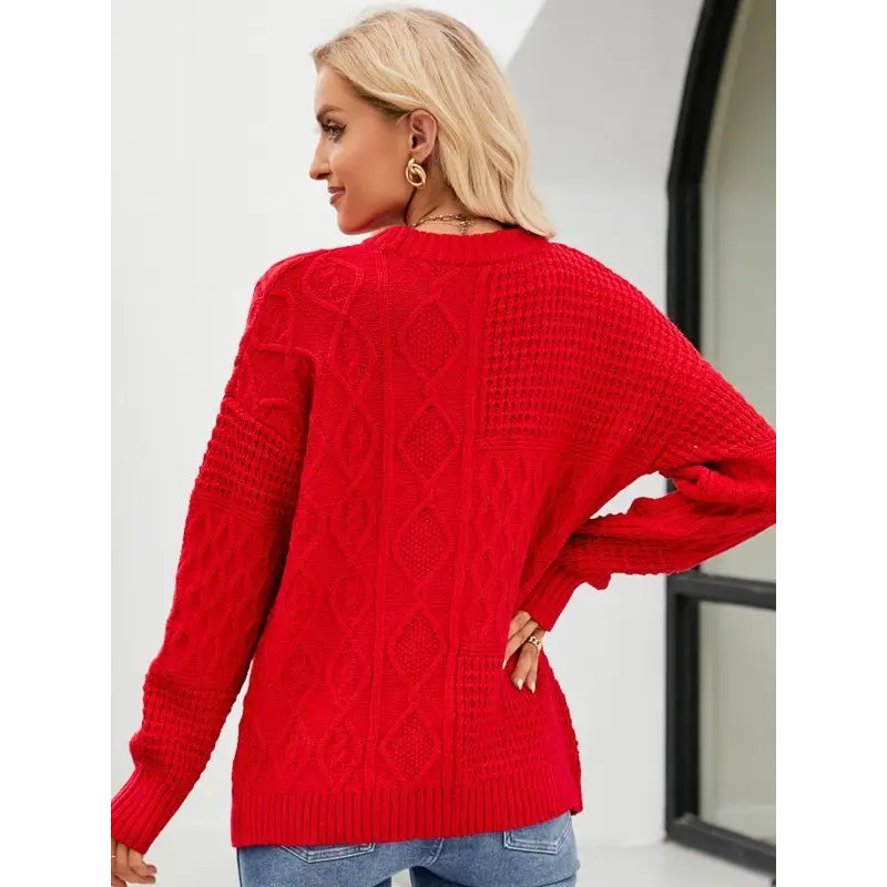 Casual Round-neck Pullover Sweater Fall Winter Solid Color Cable-knot Pattern Tops Women Clothing Beyond Trends Hub
