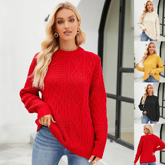 Casual Round-neck Pullover Sweater Fall Winter Solid Color Cable-knot Pattern Tops Women Clothing Beyond Trends Hub