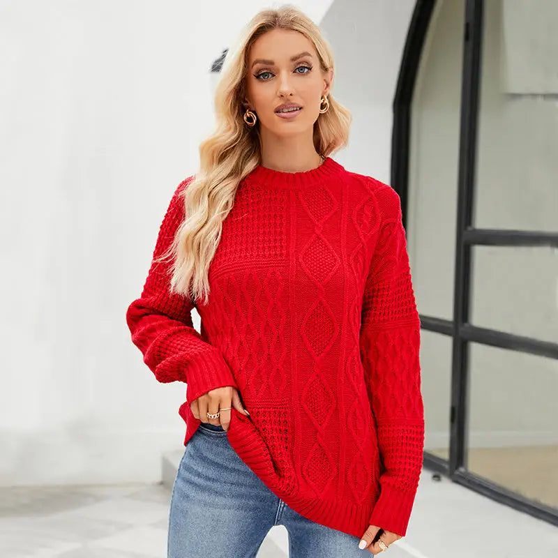 Casual Round-neck Pullover Sweater Fall Winter Solid Color Cable-knot Pattern Tops Women Clothing Beyond Trends Hub