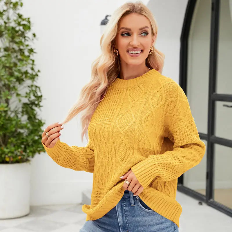 Casual Round-neck Pullover Sweater Fall Winter Solid Color Cable-knot Pattern Tops Women Clothing Beyond Trends Hub