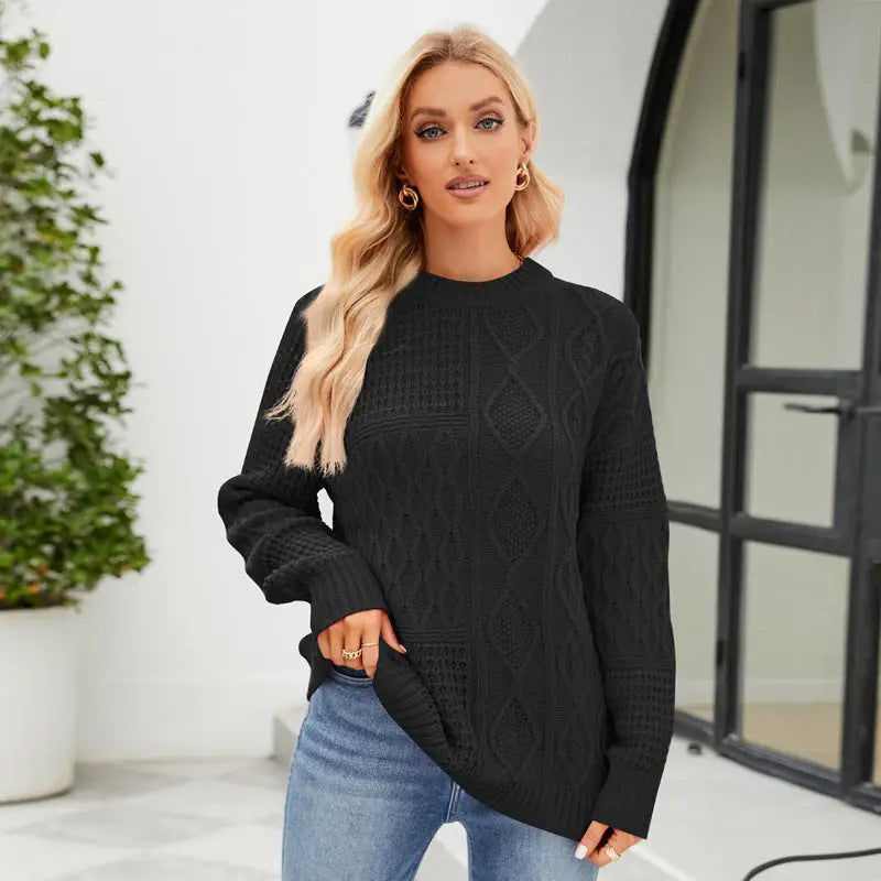 Casual Round-neck Pullover Sweater Fall Winter Solid Color Cable-knot Pattern Tops Women Clothing Beyond Trends Hub