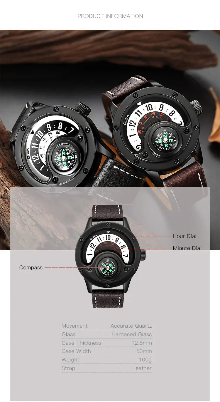 New Sport Watches Men Decorative Compass Unique Design Male Quartz Clock Men’s Leather Strap Casual Wrist Watch