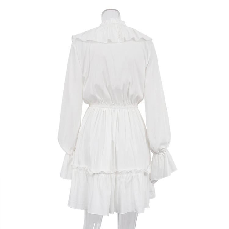 Fashion V Neck Pleated Ruffle Long Sleeve Dress Y2K V Neck Flared Sleeve Short Dress Women’s Clothing
