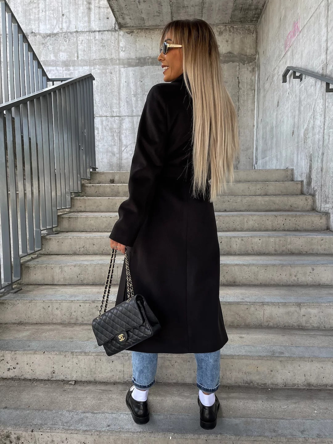 Double-breasted Lapel Split Jacket With Belt Winter Fashion Casual Long Sleeve Button Daily Coats For Women Clothing