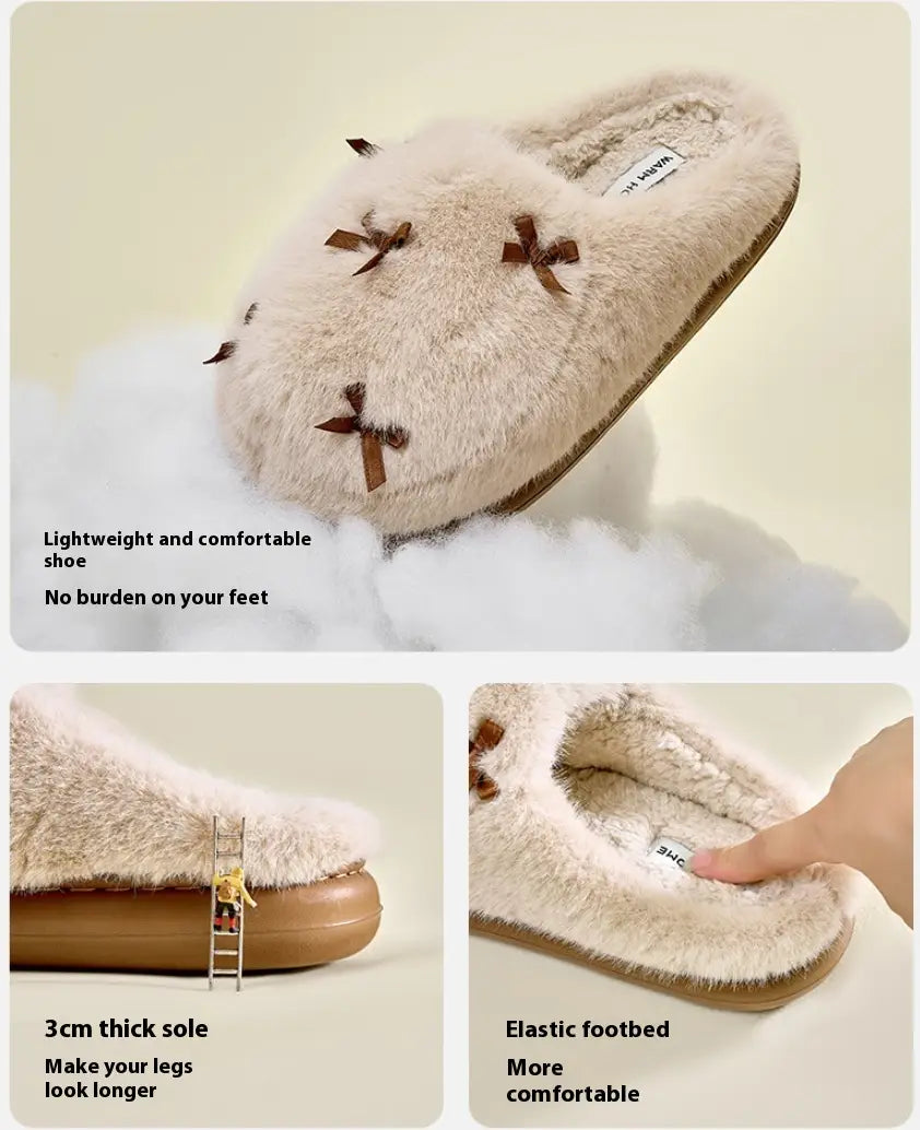 Women’s Cute Plush Home Slippers Butterfly Knot Cotton Slippers Comfortable Thick Bottom Outdoor Slippers Winter Indoor
