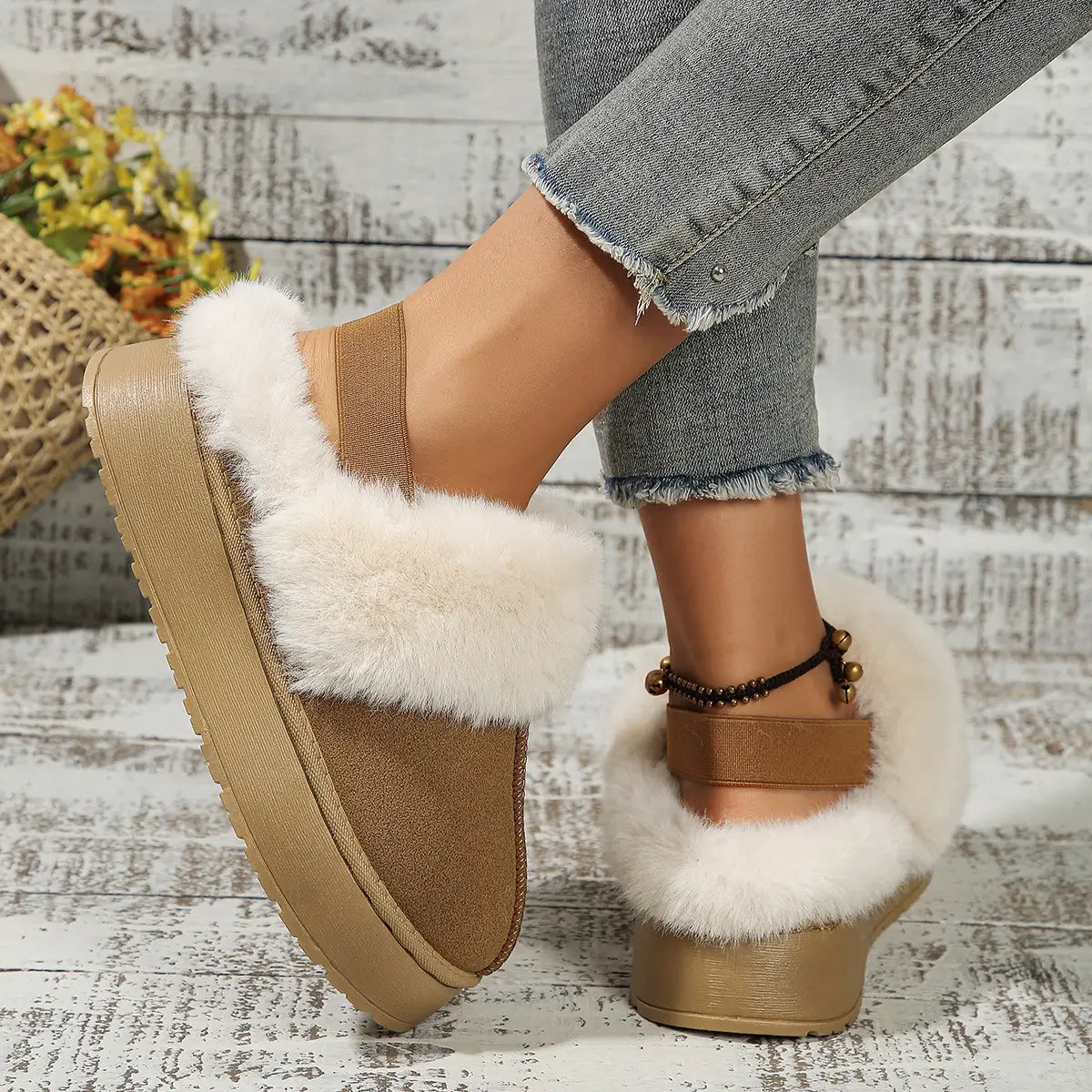 Winter Plush Home Slippers With Back-heeled Elastic Band Design Fashion Round Toe Flat Garden Shoes Warm Floor Slipper