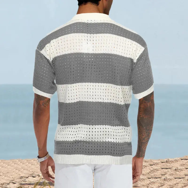 Men’s Cardigan Polo Collar Short Sleeve Color Matching Thin