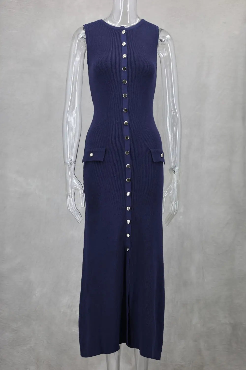 Elegant Knitted Sleeveless Dress With Single Breast Fashion Slim Round Neck Long Dresses Womens Clothing