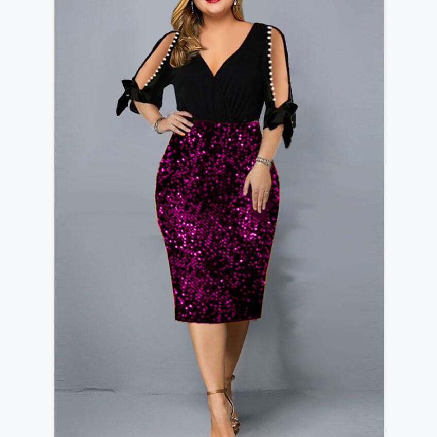 V-neck Personality Sequins Plus Size Women’s Dress
