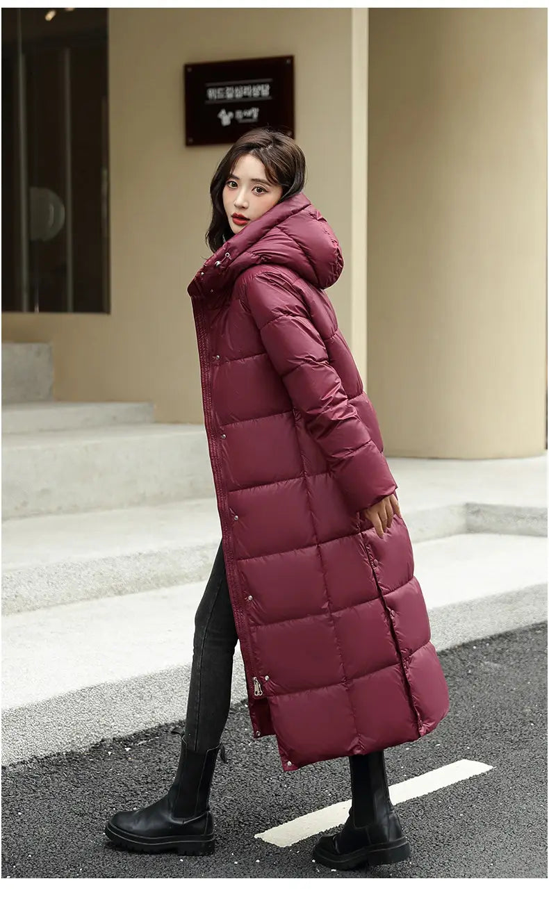Women’s Super Long Down Jacket Winter Puffer Thick Coat Black Red Hooded Zipper Keep Warm Fall Winter Casual Clothes