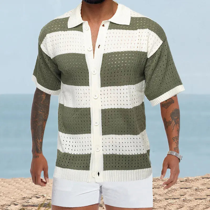 Men’s Cardigan Polo Collar Short Sleeve Color Matching Thin