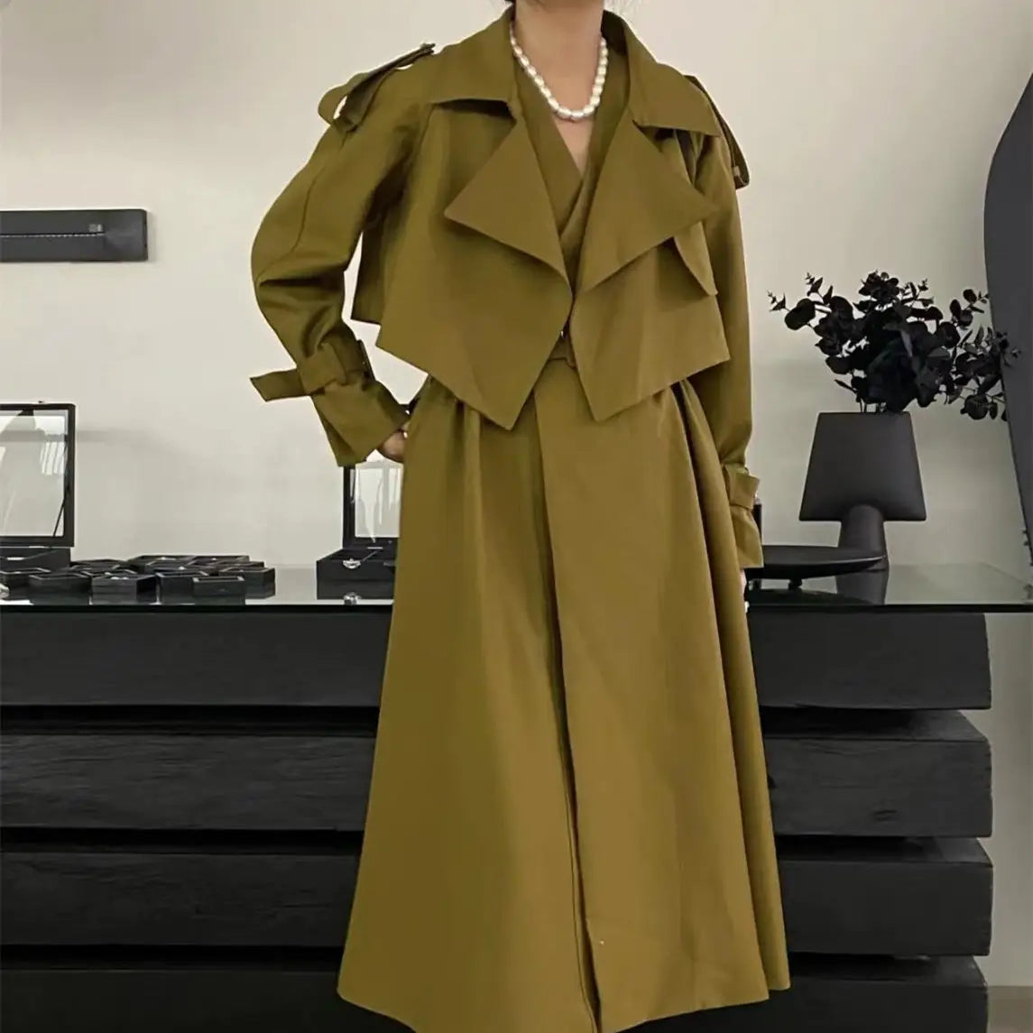 Elegant Temperament Hundreds Of Sleeveless Dresses Plus Trench Coat Set