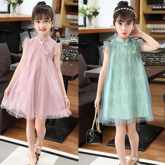 Cheongsam Girls' Skirt Mesh Dress Children's Wear - Beyond Trends Hub 