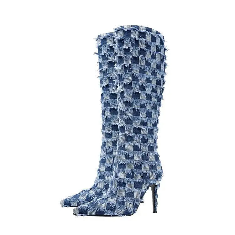 Chessboard Plaid Denim Blue Cloth Women's Boots Beyond Trends Hub