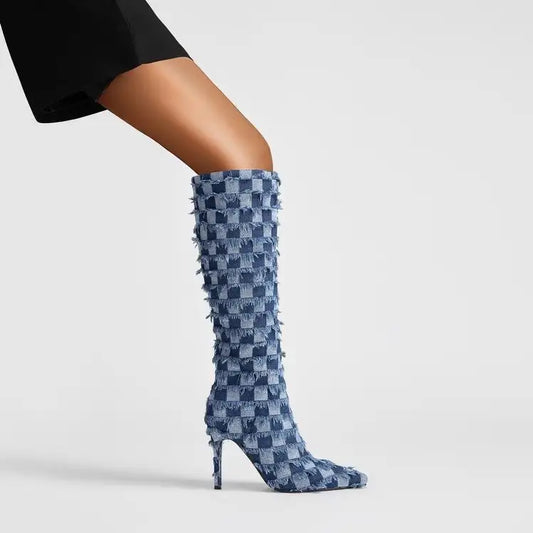 Chessboard Plaid Denim Blue Cloth Women's Boots Beyond Trends Hub