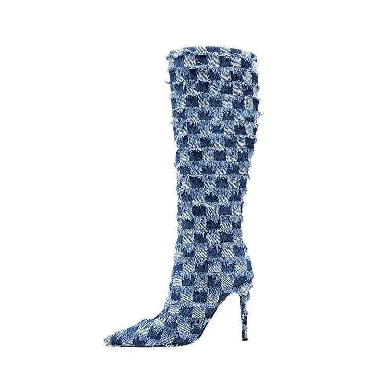 Chessboard Plaid Denim Blue Cloth Women's Boots Beyond Trends Hub