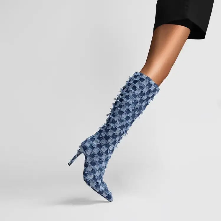 Chessboard Plaid Denim Blue Cloth Women's Boots Beyond Trends Hub