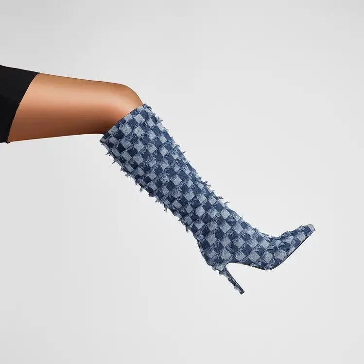 Chessboard Plaid Denim Blue Cloth Women's Boots Beyond Trends Hub