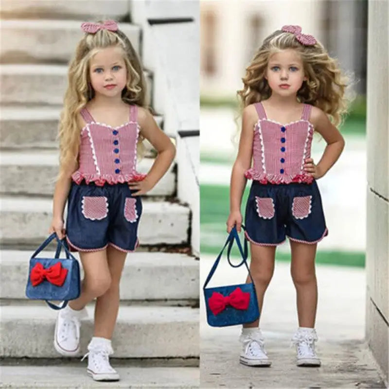 Children girls clothes roupas infantis menina Summer Girl Outfits teenage girls clothing Crop Top Denim Shorts Headband