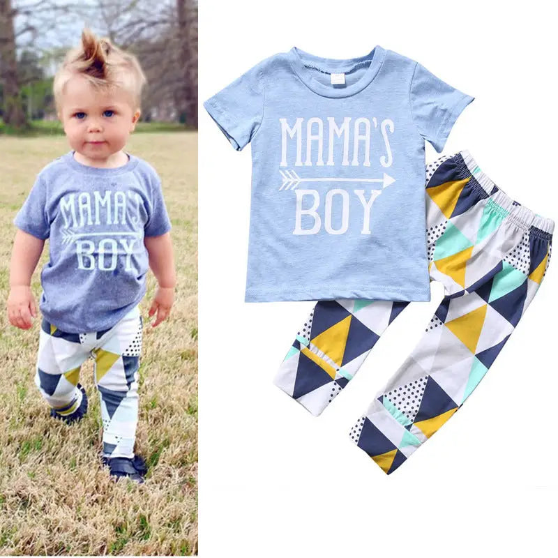 Children’s Clothing Boy Suit Short-Sleeved T-Shirt Blue Letter Arrow Geometric Pants Baby Two-Piece Suit