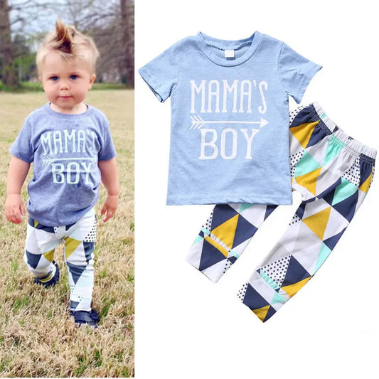 Children’s Clothing Boy Suit Short-Sleeved T-Shirt Blue Letter Arrow Geometric Pants Baby Two-Piece Suit