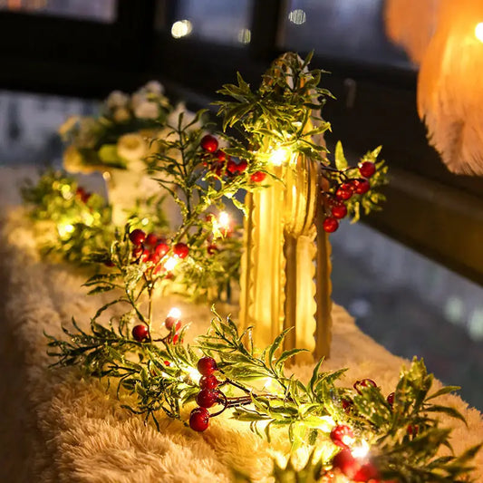 Christmas Decoration Red Fruit Light Needles Leaf Garland Fairy Night Light For Home Wedding Party Beyond Trends Hub