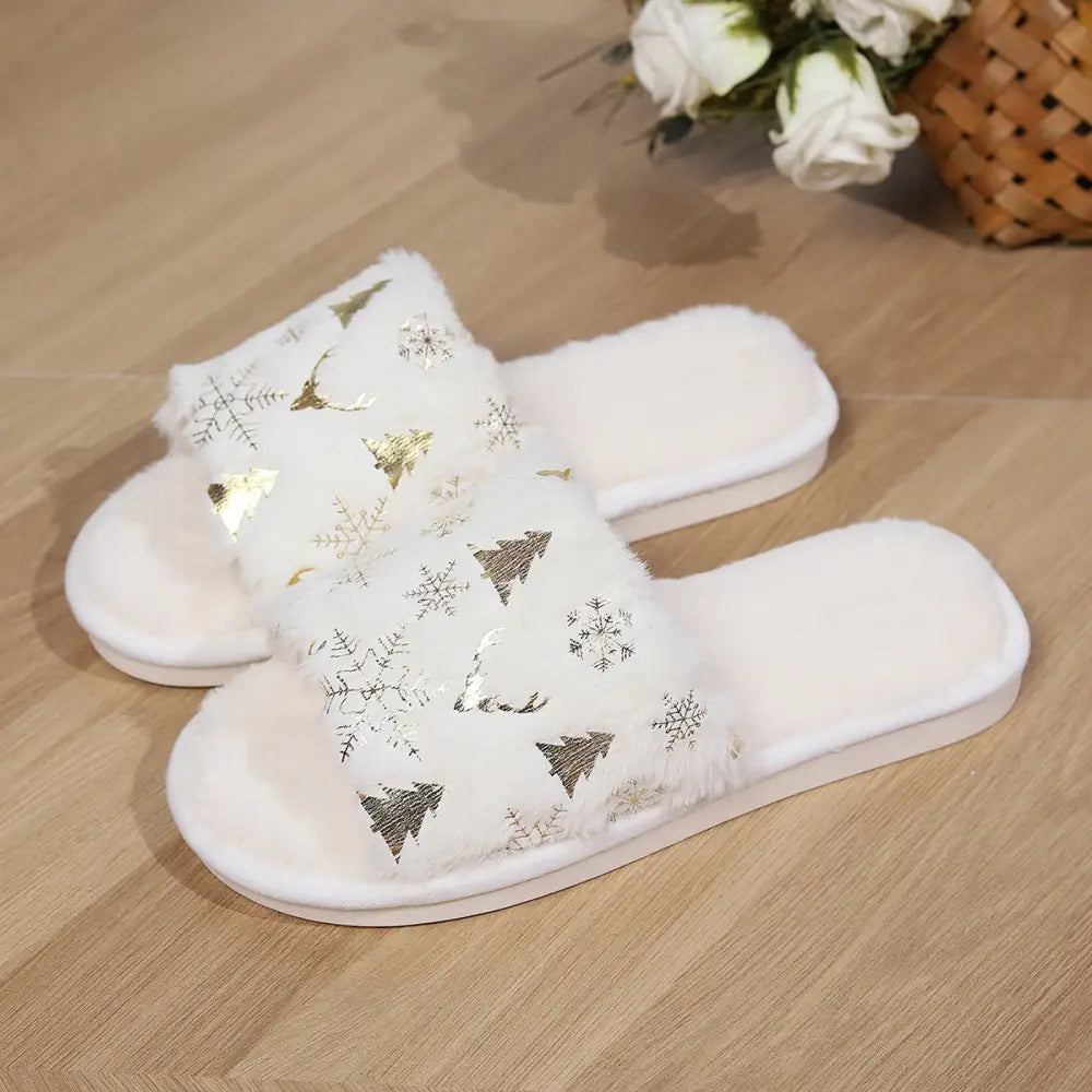 Christmas Plush Slippers Fashion Open-toed Home Slipper Indoor Warm Non-slip Floor Bedroom House Shoes For Couples Women Men Beyond Trends Hub