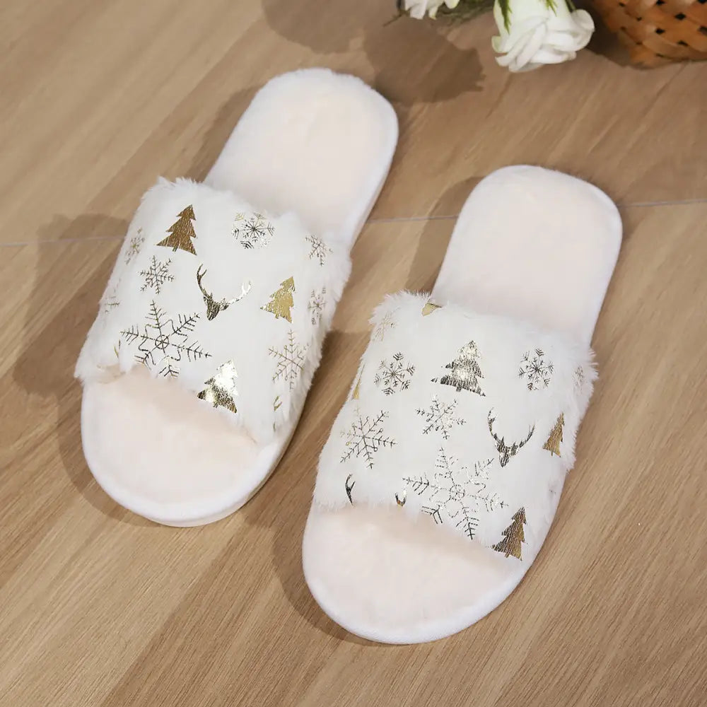 Christmas Plush Slippers Fashion Open-toed Home Slipper Indoor Warm Non-slip Floor Bedroom House Shoes For Couples Women Men Beyond Trends Hub