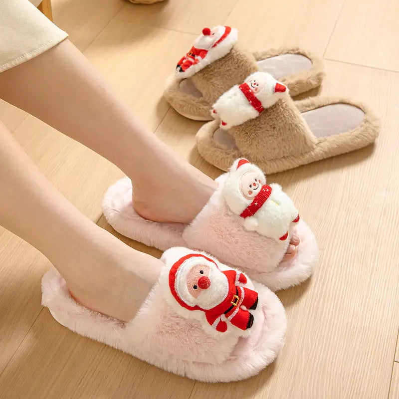 Christmas Shoes Ins Santa Claus Open-toe Cotton Slippers Winter Home Indoor Floor Plush Warm Furry Slippers Women Beyond Trends Hub