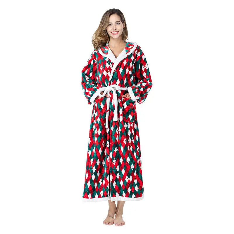 Christmas Sleepwear Women Fleece Hooded Bathrobe Plush Long Robe Winter Beyond Trends Hub
